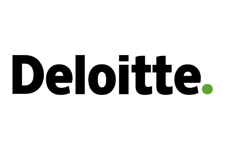 Create a high-quality, vector-style 'Deloitte' logo with black text and a small green dot above the 'i'. Clean, modern, professional, transparent background, high-resolution 4K quality