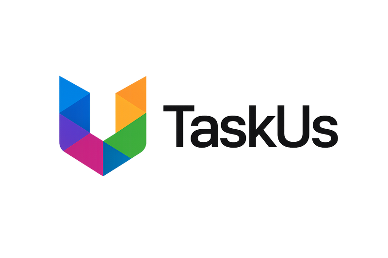 Create a high-quality, vector-style 'TaskUs' logo with colorful overlapping blocks forming a 'U' shape icon, next to the text 'TaskUs'. Transparent background, clean modern lines, 4K resolution, professional style