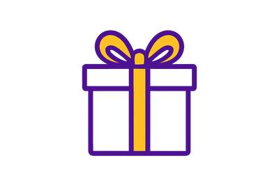 Create a modern flat-style icon of a wrapped gift box with a ribbon and bow. Use purple (#6A0DAD) as the primary color outline, white (#FFFFFF) background, and gold (#FFD700) accent for the ribbon or bow. Keep the design minimal, elegant, and suitable for a gift store website.